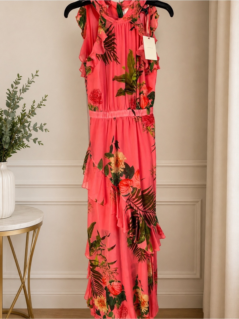 Alex Marie Coral Pink Tropical Floral Ruffle Maxi Dress